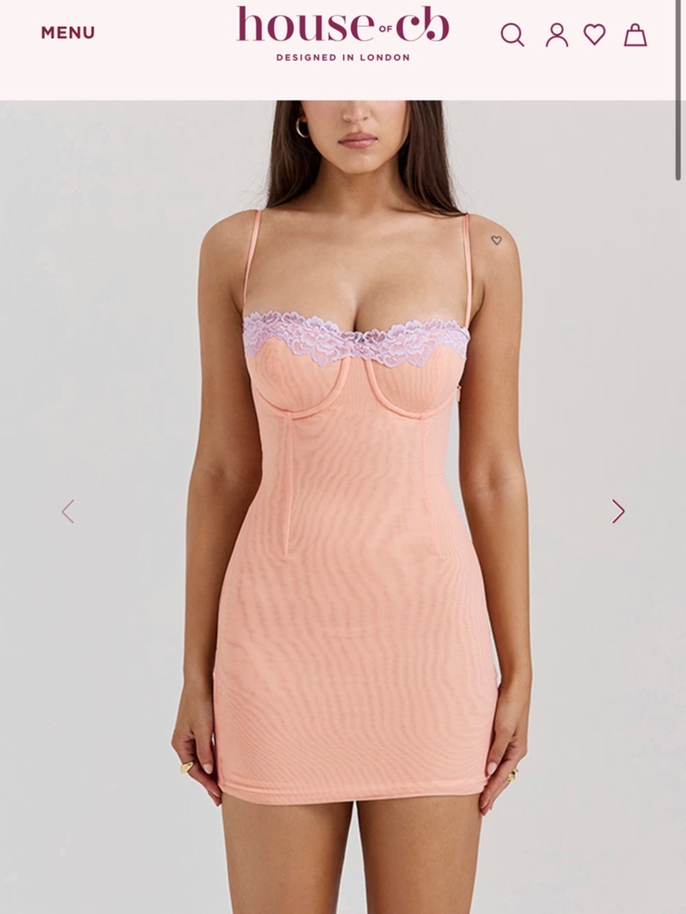 House of CB Peach Slip Dress with Lilac Lace Trim
